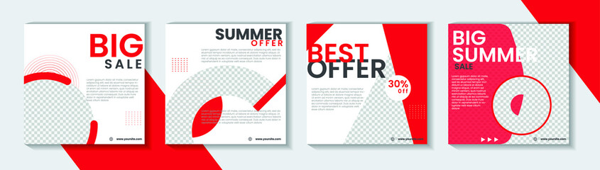 Set of  minimal square social media template. white and red background color with circle shape. Suitable for social media post and web internet ads. 