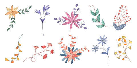 Fototapeta na wymiar Set vector elements flowers and leaves, doodle style design on white background for digital printing, stickers, spring theme decorations, fabric patterns, cards, scrapbooks, t-shirt designs and more.