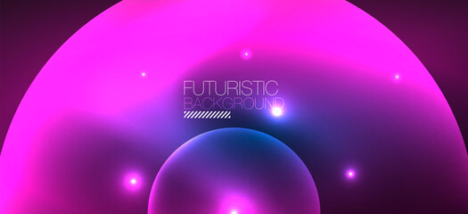 Abstract background with neon glowing light effects. Round shapes, triangles and circles. Wallpaper for concept of AI technology, blockchain, communication, 5G, science, business and technology
