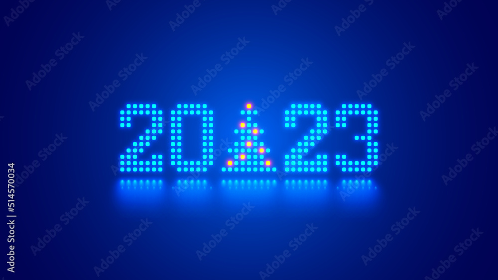 Aufkleber 2023 digits, Christmas tree consist glowing pixels in technology style on blue background. New Year card or digital tech calendar poster. Logo of 2023 year hanging over reflection polished surface.
