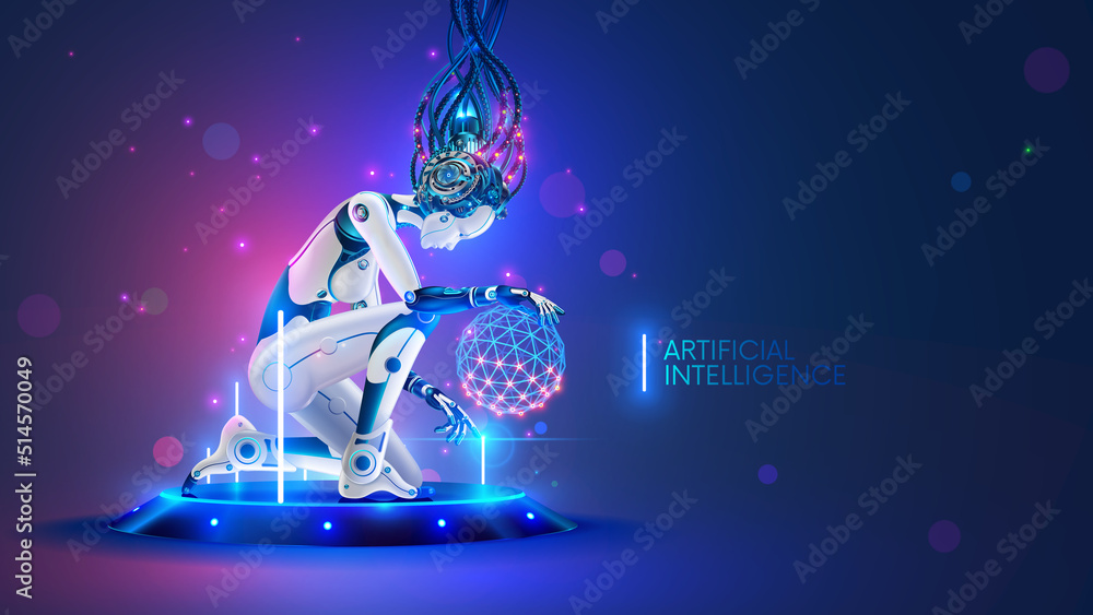 Poster Woman cyborg or robot with AI knelt down on futuristic platform in cyberspace. artificial intelligence in image anthropomorphic cybernetical mechanical wise Female. AI technology concept.