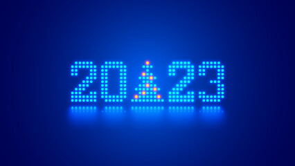 2023 digits, Christmas tree consist glowing pixels in technology style on blue background. New Year card or digital tech calendar poster. Logo of 2023 year hanging over reflection polished surface.