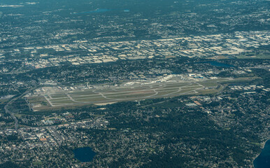 Seattle, WA, USA, July 2022, aerial view of the area around the Seattle-Tacoma International Airport in Seatac a City between Seattle and Tacoma. 