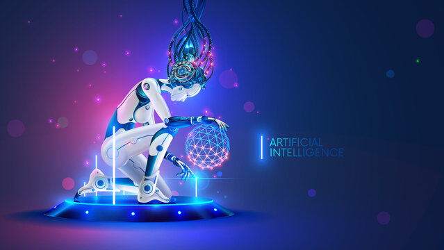 Woman cyborg or robot with AI knelt down on futuristic platform in cyberspace. artificial intelligence in image anthropomorphic cybernetical mechanical wise Female. AI technology concept.