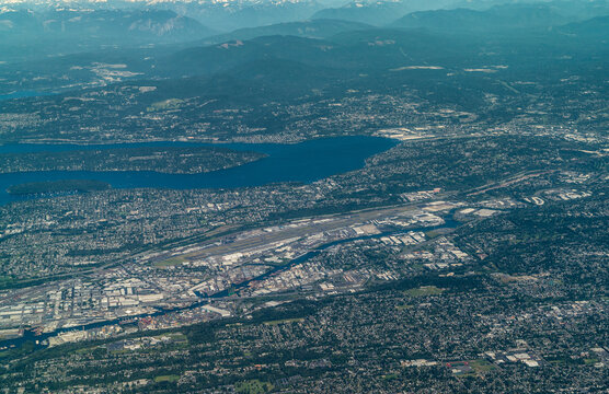 Seattle, WA, USA, July 2022, aerial view of the area around the King County International Airport (Boeing Field) in Tukwila a Suburb south of Seattle Downtown with. Lake Washington in background