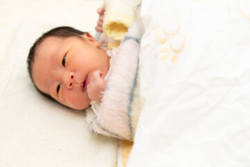 お布団を掛けられて横になる新生児