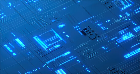 3D rendering of cyberpunk AI. Circuit board. Technology background. Central Computer Processors CPU and GPU concept. Motherboard digital chip. Tech science background.