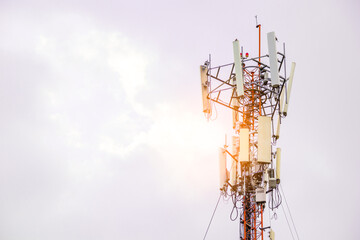 Telecommunication tower. glittering particles for wireless telecommunication technology, Cellular network. Radio telecommunication tower antenna. Mobile cell phone communication technology. 5G