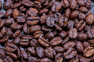 Obraz premium Kawa ziarnista. Palarnia kawy. Barista. Kawa i krople wody.