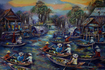 Fototapeta na wymiar Art painting Oil color dumnoen saduak floating market Thailand
