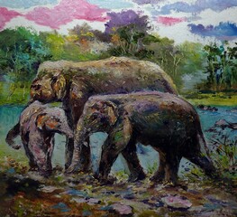Art painting Oil color Elephant family thailand , nature , Countryside , rural