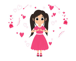 A girl gives a heart, a holiday, a girl with a heart. Vector illustration.