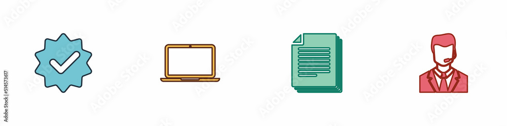 Poster set approved and check mark, laptop, document and man with headset icon. vector