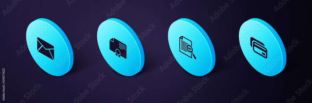 Poster set isometric credit card, document with search, certificate template and envelope icon. vector