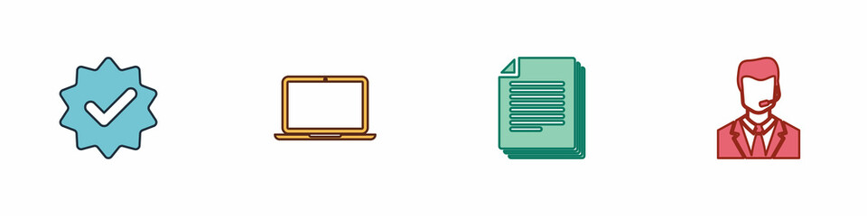 Set Approved and check mark, Laptop, Document and Man with headset icon. Vector