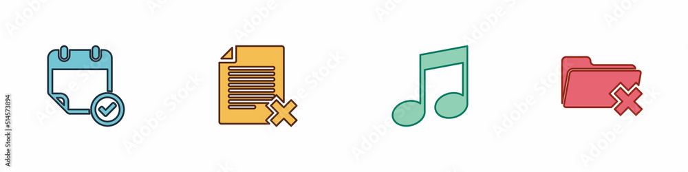 Poster set calendar with check mark, delete file document, music note, tone and folder icon. vector