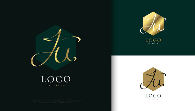JU Initial Signature Logo Design with Elegant and Minimalist Gold Handwriting Style. Initial J and U Logo Design for Wedding, Fashion, Jewelry, Boutique and Business Brand Identity