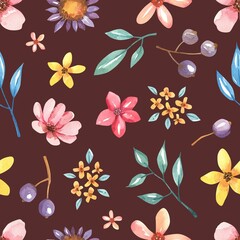 Watercolor pattern with flowers and leaves - 514574207