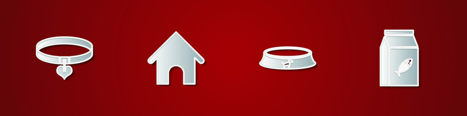 Set Collar and heart, Dog house, Pet food bowl and Bag of for cat icon. Vector