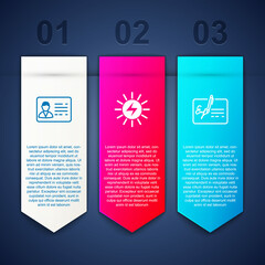 Set Identification badge, Solar energy panel and Signed document. Business infographic template. Vector