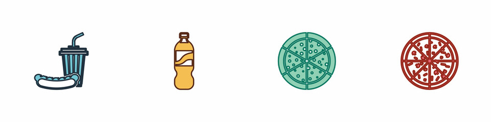 Set Soda and hotdog, Bottle of water, Pizza and icon. Vector