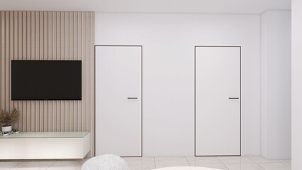 Wizualizacja wnętrza ściany w salonie z widokiem na drzwi