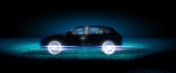 EV Car or Electric vehicle concept with black background. Eco-friendly sustainable energy concept. 3D illustration