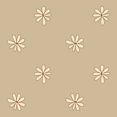 Obraz premium Seamles pattern with groovy daisy flowers in doodle style. Retro floral vector background surface design for textile, stationery, wrapping paper, covers in 1970s style.