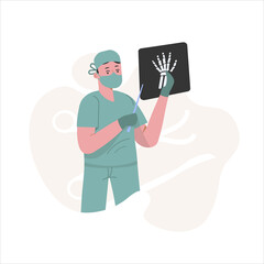 The surgeon shows a picture of the arm in the background circles and instruments