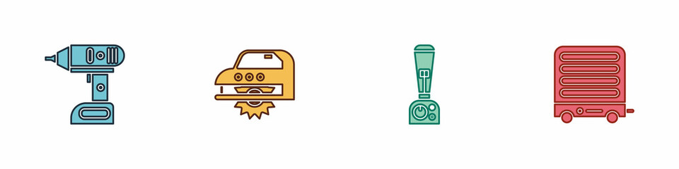 Set Electric cordless screwdriver, circular saw, Blender and heater icon. Vector