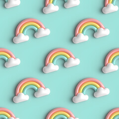 Cute cartoon style 3D rendering seamless pattern background with rainbow and clouds for nature, kids, children party design.  - 514576896