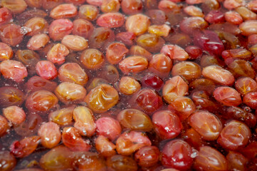 Close-up shot of red ripe gooseberry jam in sweet syrup.
