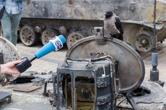 Crow on combat vehicle, Russian destroyed enginery exposition, Kyiv, 2022