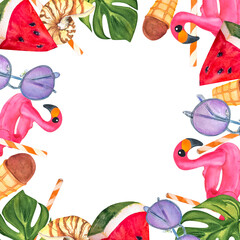 Obraz premium summer illustration watercolor set for design - pink flamingo, hat with a pink bow, monstera leaf, watermelon, purple sunglasses, shell sea, straw for cocktail, chocolate ice cream. Watercolor frame