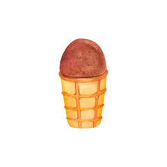 chocolate ice cream in a waffle cup watercolor