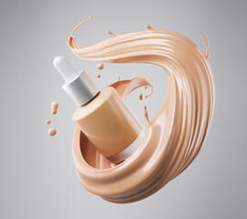 Liquid makeup foundation Bottle with Cosmetic cream splash.3d rendering. - obrazy, fototapety, plakaty