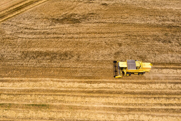 Fototapeta na wymiar Aerial view of modern combine harvester collecting ripe wheat.