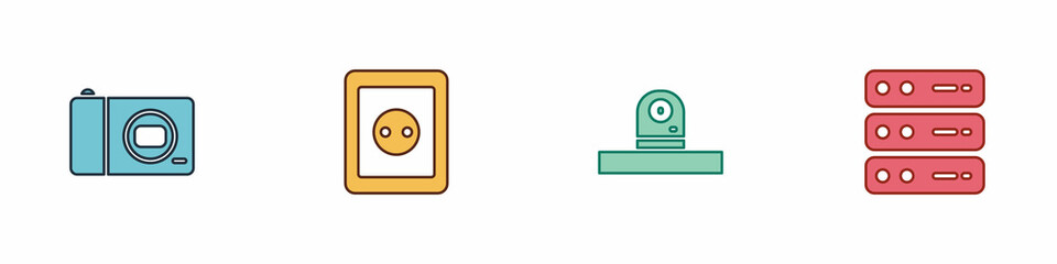 Set Photo camera, Electrical outlet, Security and Server, Data, Web Hosting icon. Vector