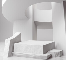 minimal white podium display for cosmetic product presentation, pedestal or platform background
