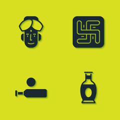 Set Indian man, vase, Wood cricket bat and ball and Hindu swastika icon. Vector