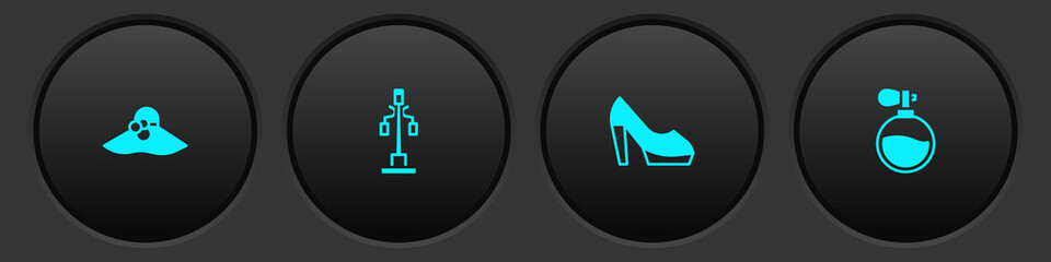 Set Elegant women hat, Street light, Woman shoe and Perfume icon. Vector