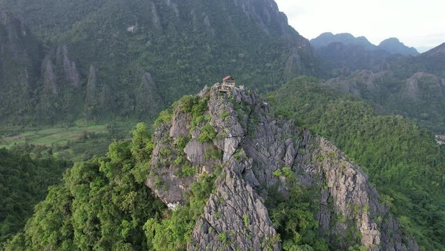 A beautiful limestone mountain views and landscape of Nam Xay Viewpoint in Vang Vieng, Laos by drone