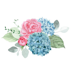 watercolor drawing. bouquet, composition with garden flowers. pink roses, peonies, blue hydrangeas and green eucalyptus leaves. isolated on white background clipart