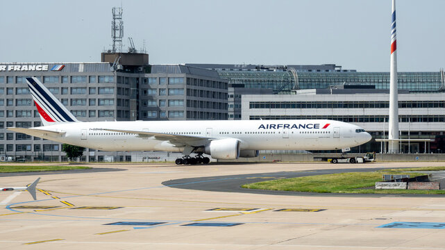 Paris, France. Air France Boeing 777 airplane at the gate. View at Charles de Gaulle International Airport. AirFrance Airlines