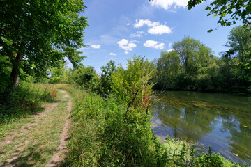 Fototapeta na wymiar Country path along the Loing river in the plain of Sorques. Ile-de-France region