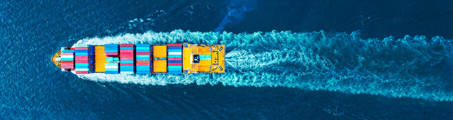 Fototapeta na wymiar webinar banner, Aerial top view of cargo maritime ship with contrail in the ocean ship carrying container and running for export concept technology freight shipping by ship smart service forward mast