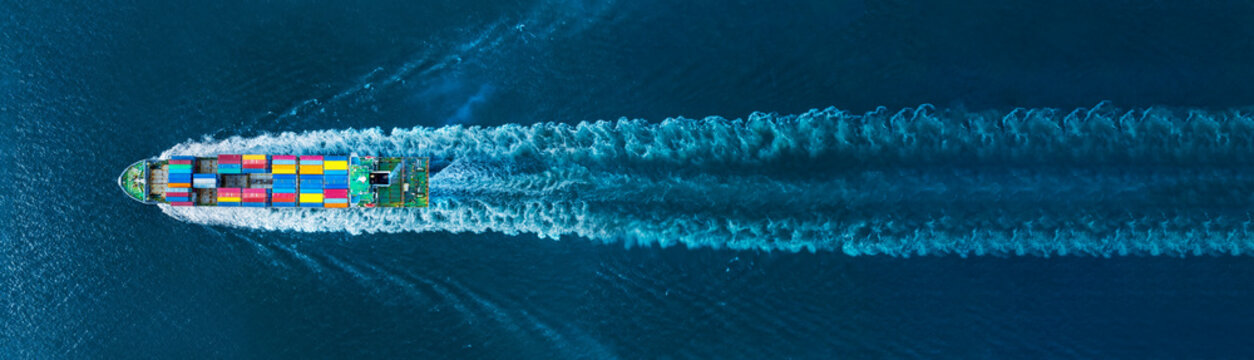 webinar banner, Aerial top view of cargo maritime ship with contrail in the ocean ship carrying container and running for export concept technology freight shipping by ship smart service forward mast