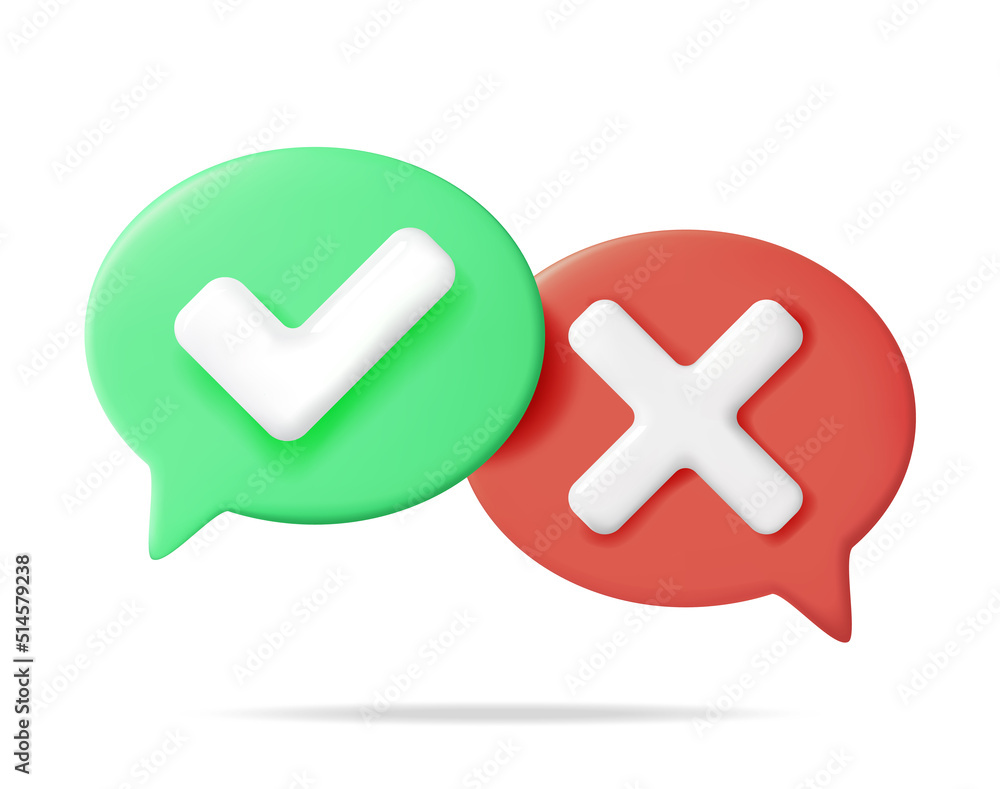 Poster yes and no speech bubble isolated. green right and red wrong, correct incorrect sign. checkmark tick