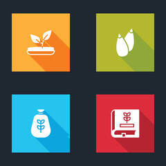 Set Sprout, Seed, Bag of flour and Book about seeds icon. Vector
