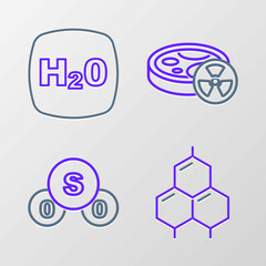 Set line Chemical formula, Sulfur dioxide SO2, Test tube with toxic liquid and H2O icon. Vector